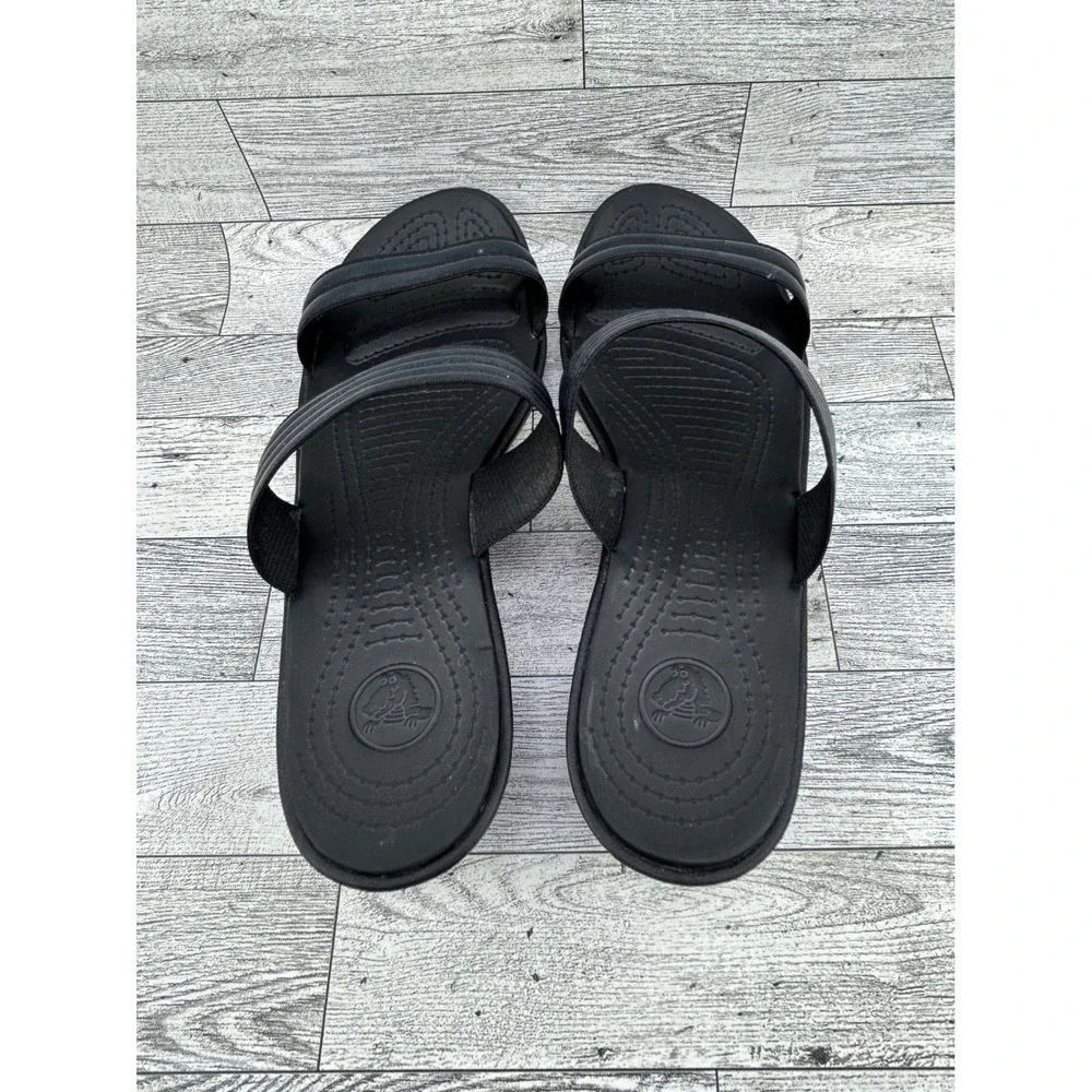Crocs Cyprus IV Black Wedge Sandals Women Size 10 Two Strap Slip On Heels